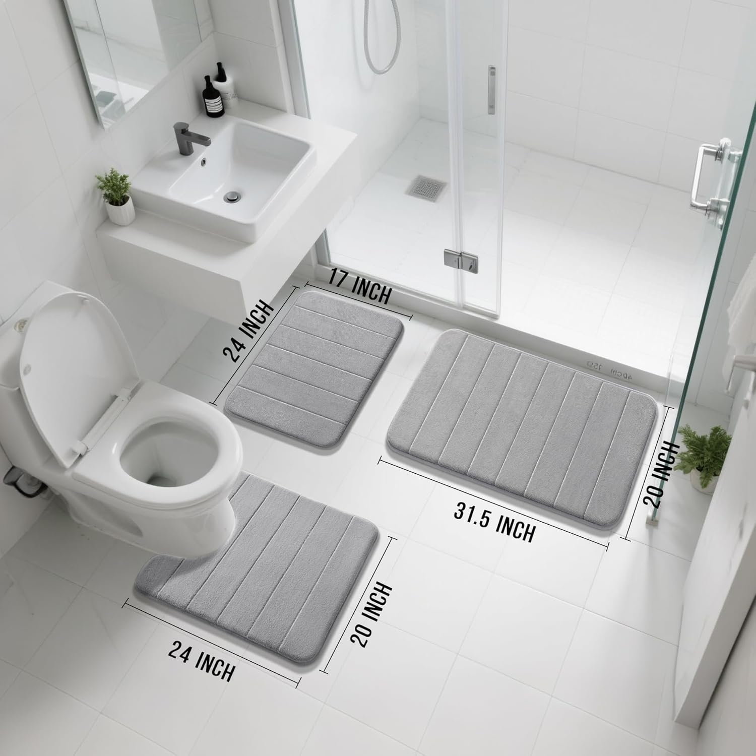 Yimobra Memory Foam Bath Mat Set 3 Pieces- Super Soft Absorbent Quick Dry Bathroom Rug Sets, Machine Washable Non Slip Floor Carpet for Tub Shower, Vanity & Toilet Base, Gray