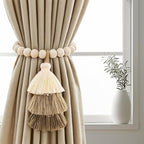 No Drill Curtain Tiebacks with Strong Magnetic Closure, Natural Wood Beads Boho Holdbacks with Triple Tassels for Living Room, Bedroom, Office Drapes,Set of 4,Beige Taupe Brown