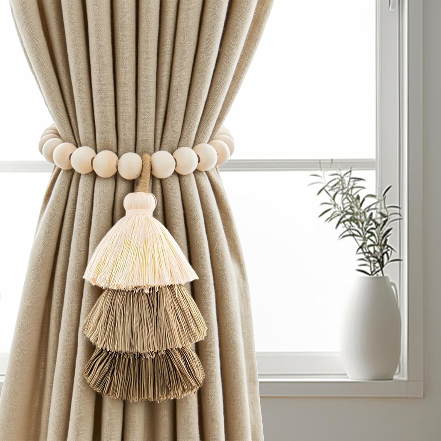 No Drill Curtain Tiebacks with Strong Magnetic Closure, Natural Wood Beads Boho Holdbacks with Triple Tassels for Living Room, Bedroom, Office Drapes,Set of 4,Beige Taupe Brown