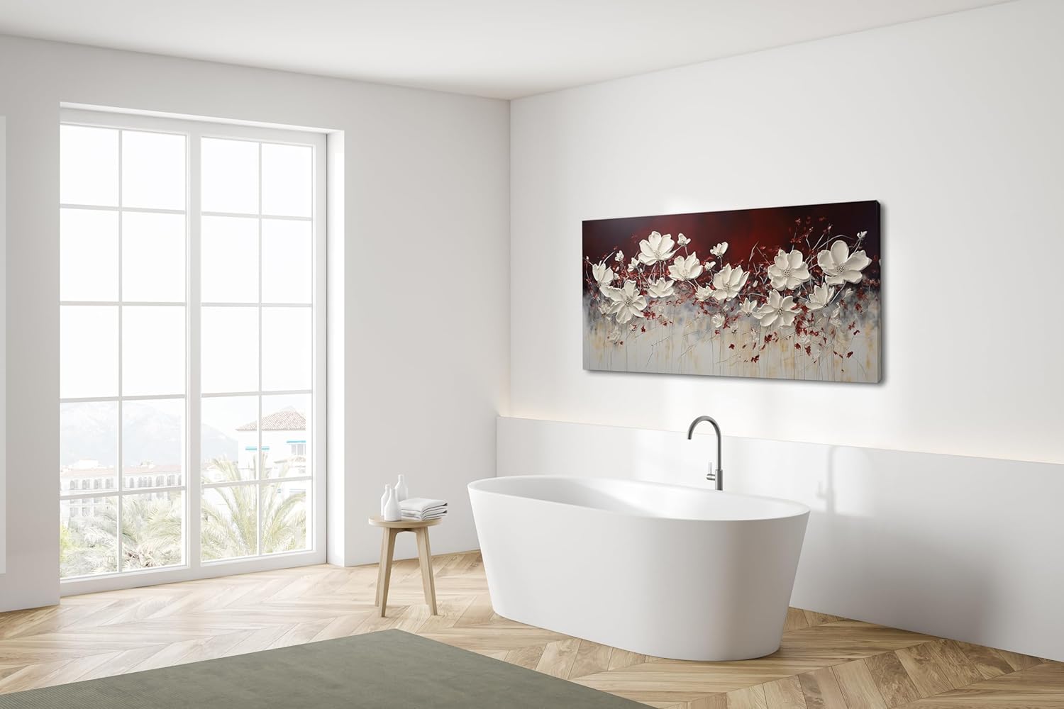Lasdel Stretched Canvas Wall Art of White Flowers Plant Picture for Living Room Bedroom Home Decoration, Beautiful White and Red Premium Nature Print Artwork Painting Decor, Inner Frame 23x46 Inches
