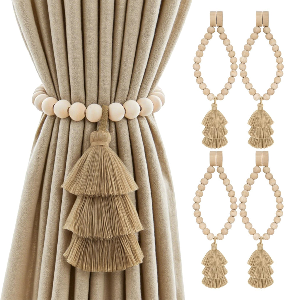 No Drill Curtain Tiebacks with Strong Magnetic Closure, Natural Wood Beads Boho Holdbacks with Triple Tassels for Living Room, Bedroom, Office Drapes,Set of 4,Beige Taupe Brown
