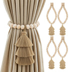 No Drill Curtain Tiebacks with Strong Magnetic Closure, Natural Wood Beads Boho Holdbacks with Triple Tassels for Living Room, Bedroom, Office Drapes,Set of 4,Beige Taupe Brown