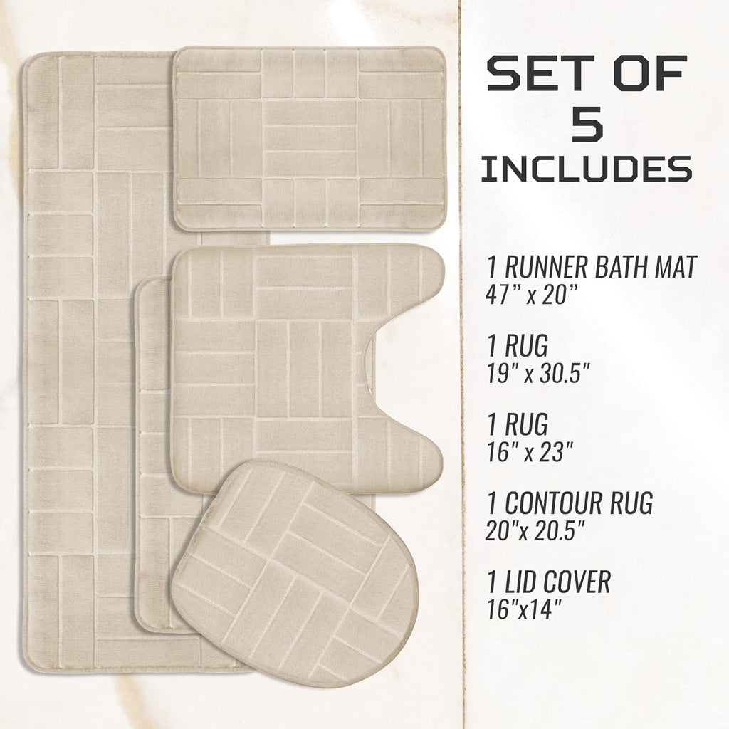 Bathroom Rug Set 5 Piece - Memory Foam Bathroom Mat Set, Soft and Comfortable, Non-Slip Thick Absorbent Bath Mats, Machine Washable, Beige