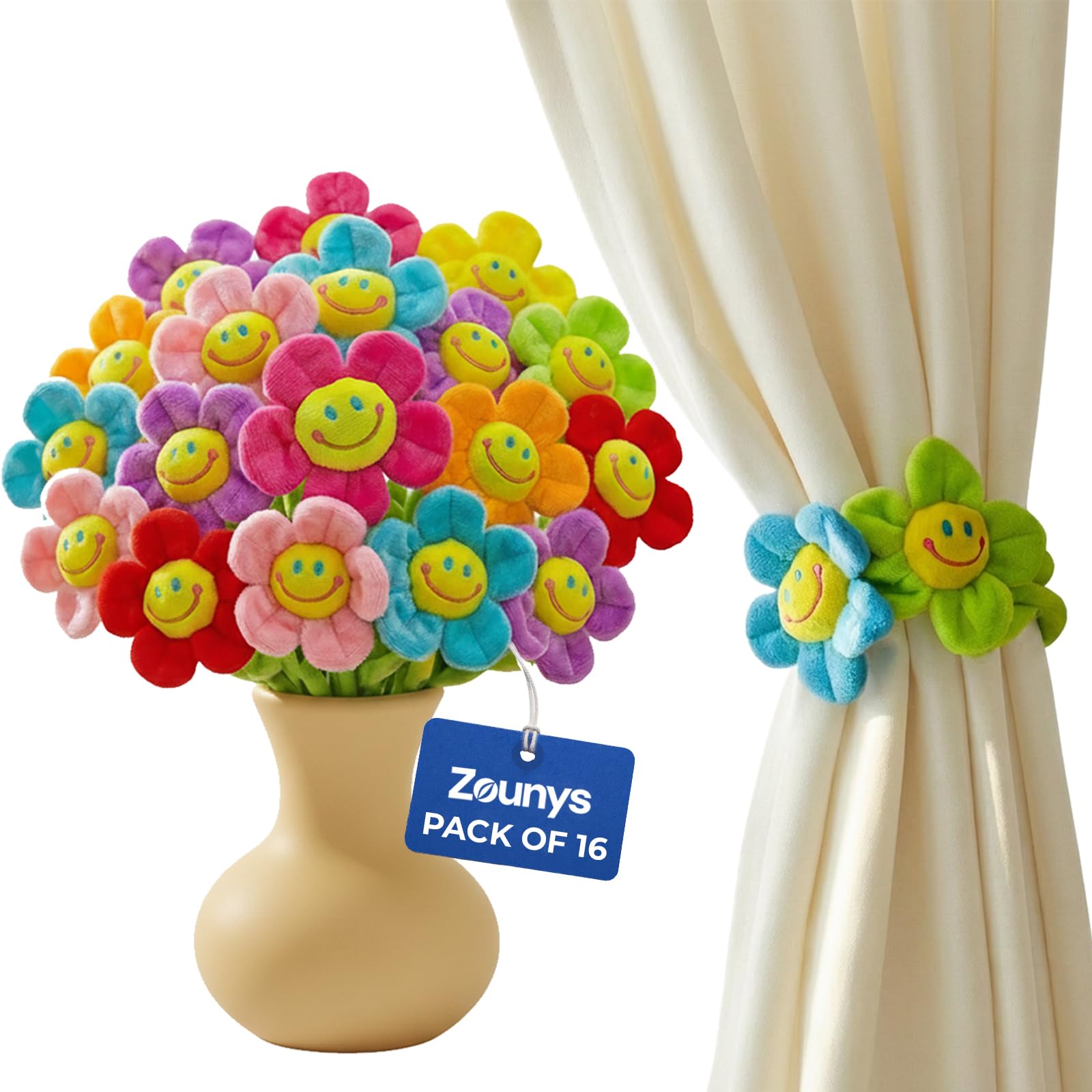 32 Pcs Plush Flower Curtain Tiebacks, Bendable Stem Outdoor Tiebacks, Sunflower Flower Tiebacks for Bedroom Curtains, Outdoor Curtain Tiebacks, Suitable for Bedroom Curtain Decoration