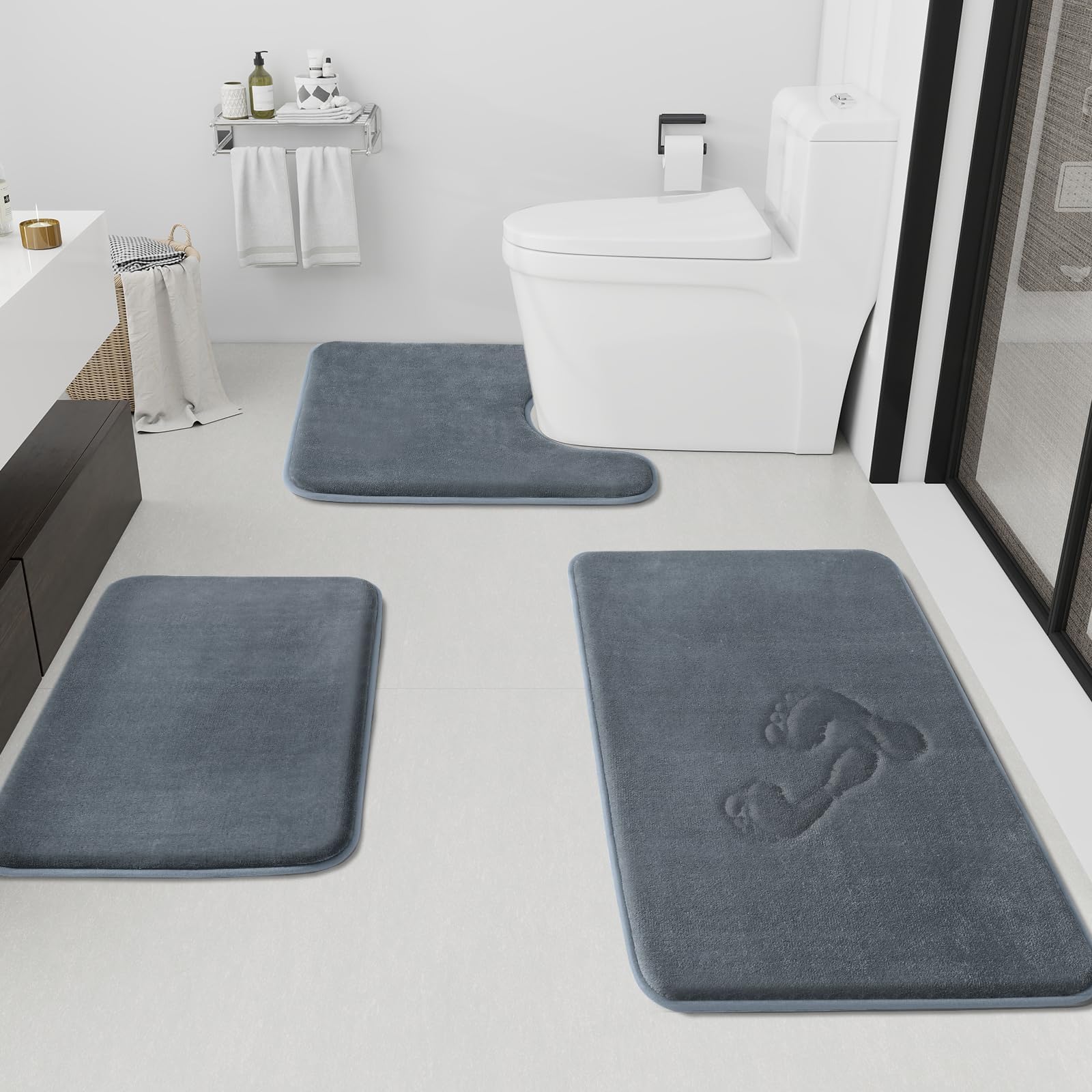 HUXMEYSON Bathroom Rugs Sets 3 Piece, Non-Slip & Quick Dry Bath Mat Set, Ultra Soft Velvet Bath Rugs for Bathroom, Toilet and Shower Floor, Grey Green