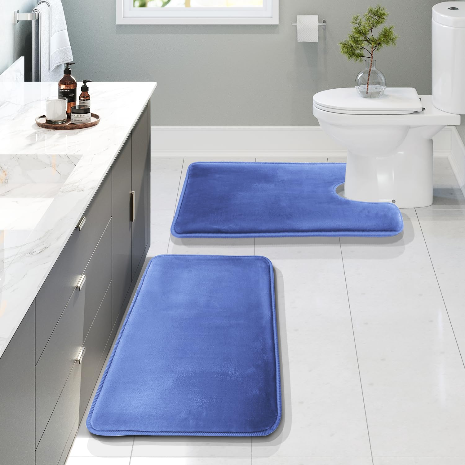Clara Clark 3 Piece Bathroom Rugs Bath Mat Set, Velvet Memory Foam Bath Mats for Bathroom - Non-Slip, PVC Backing Bath Rugs, Washable - Dries Quickly, Grey