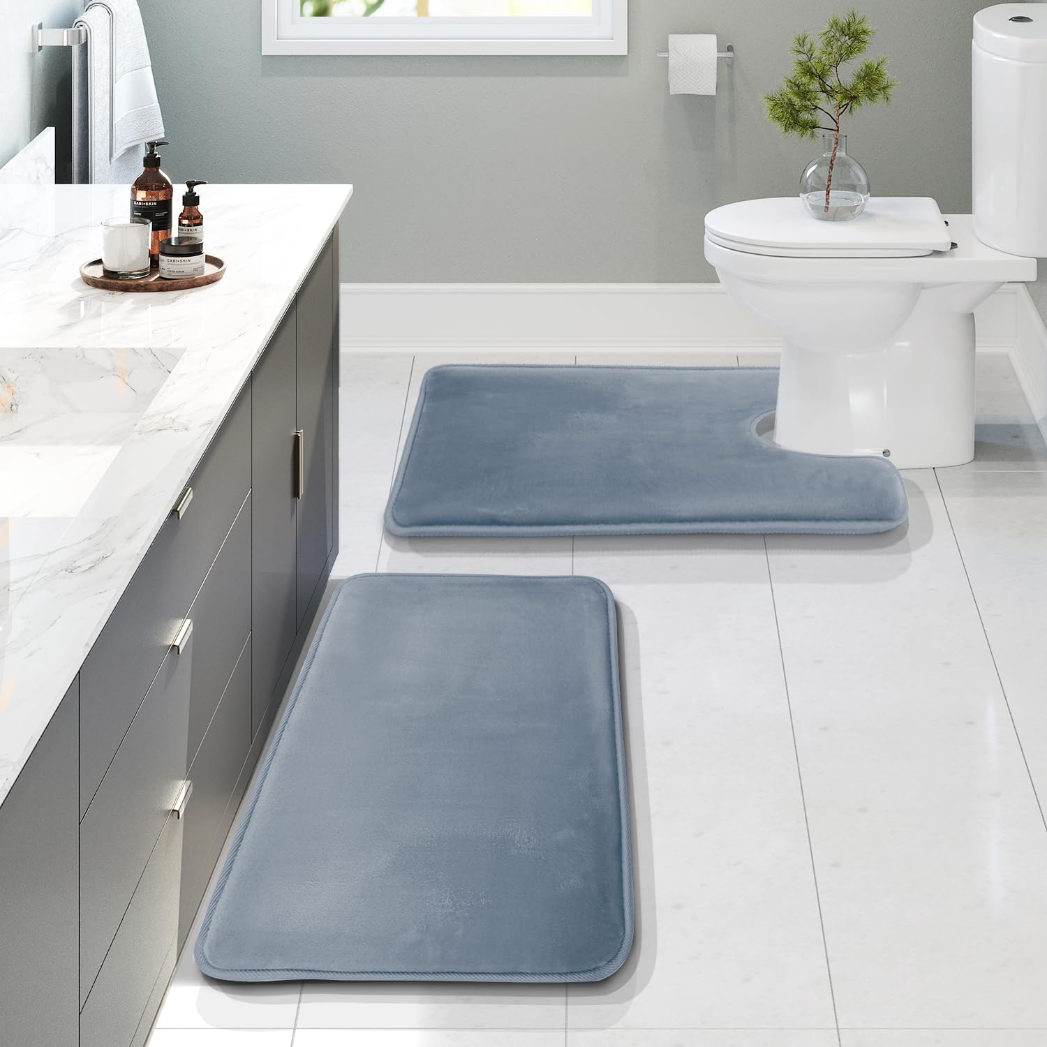 Clara Clark 3 Piece Bathroom Rugs Bath Mat Set, Velvet Memory Foam Bath Mats for Bathroom - Non-Slip, PVC Backing Bath Rugs, Washable - Dries Quickly, Grey