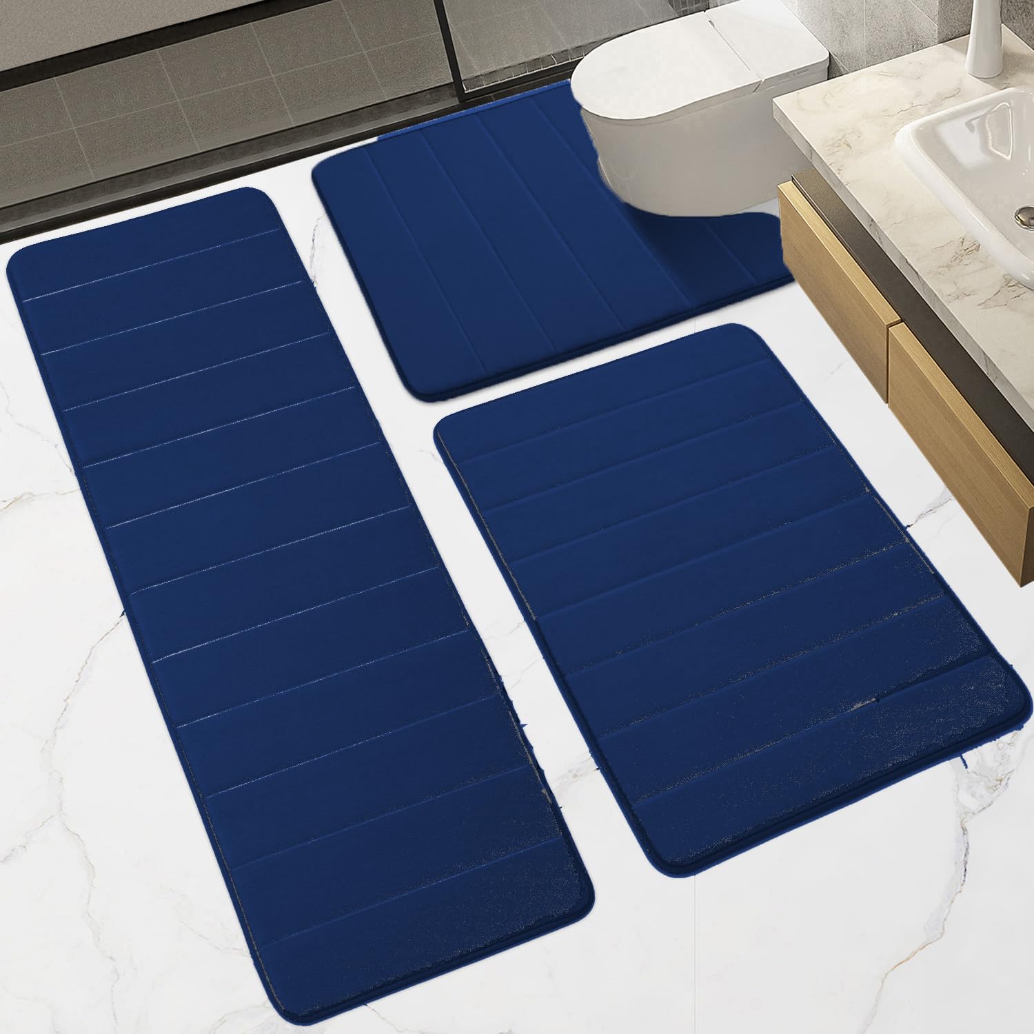 Memory Foam Bathroom Rugs Sets 3 Piece, Extra Thick Soft Absorbent Non Slip Upgraded, Washable Toilet Bath Mat Shower Carpet for Bedroom, Living Room (Grey, U Shape 24” X 24”+24” X 32”+17” X 48”)