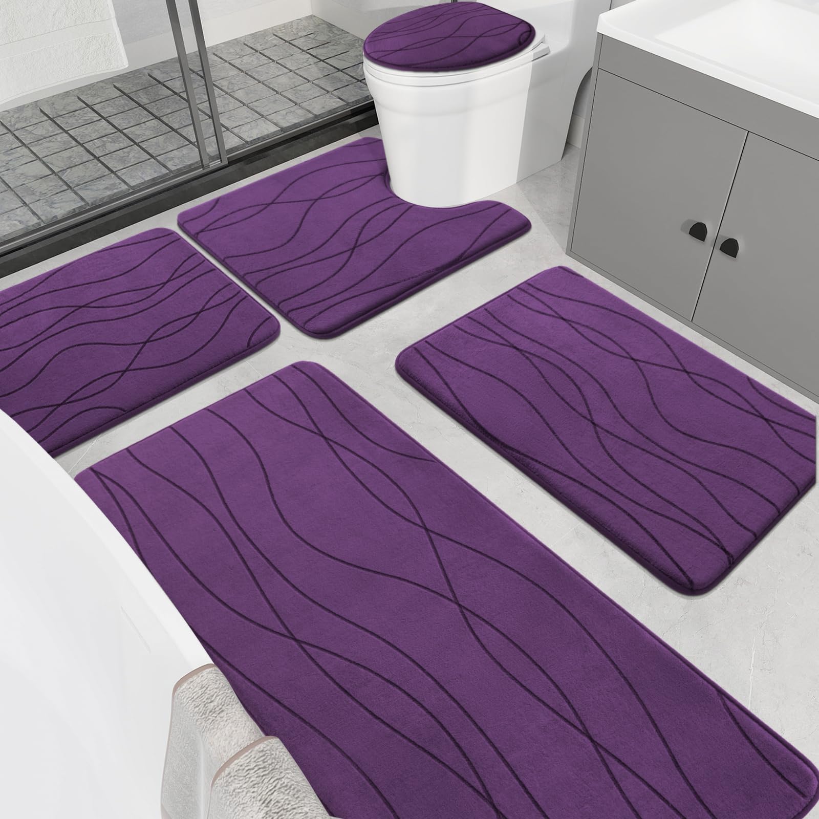 YIHOUSE Memory Foam Grey Bathroom Rug Sets 5 Piece, Ultra Absorbent Bath Mat for Bathroom - Non-Slip Machine Washable & Dry Quickly, 5 Piece Bathroom Mat Set, Dark Grey