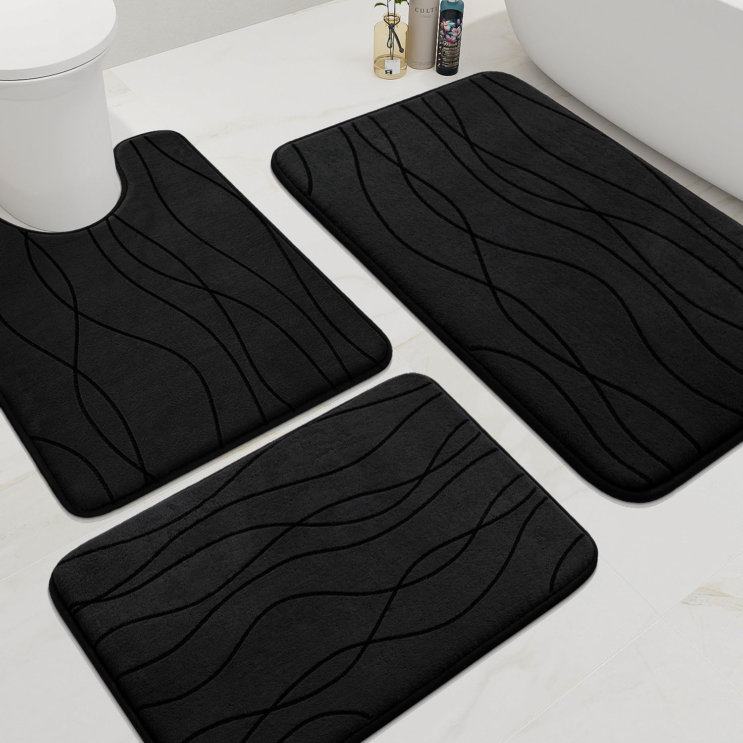 YIHOUSE Memory Foam Grey Bathroom Rug Sets 5 Piece, Ultra Absorbent Bath Mat for Bathroom - Non-Slip Machine Washable & Dry Quickly, 5 Piece Bathroom Mat Set, Dark Grey