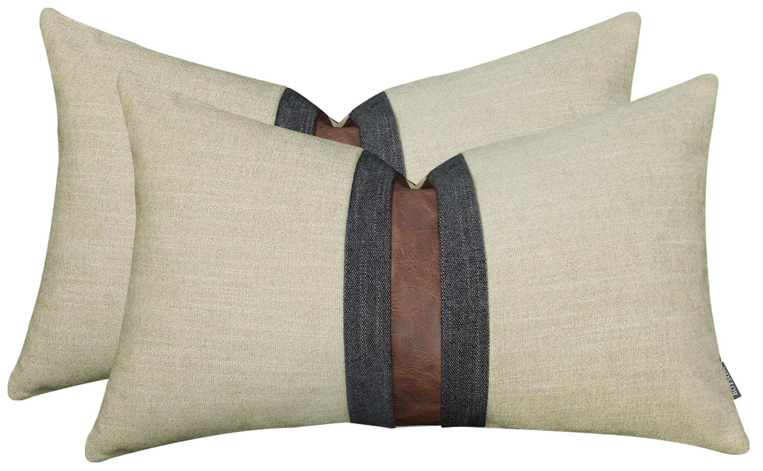 Set of 2 Leather Throw Pillow Covers Cotton Linen Decor Patchwork Pillow Cover Faux Leather Pillows Cover for Couch Sofa Living Room Bedroom,Beige 24"x24"