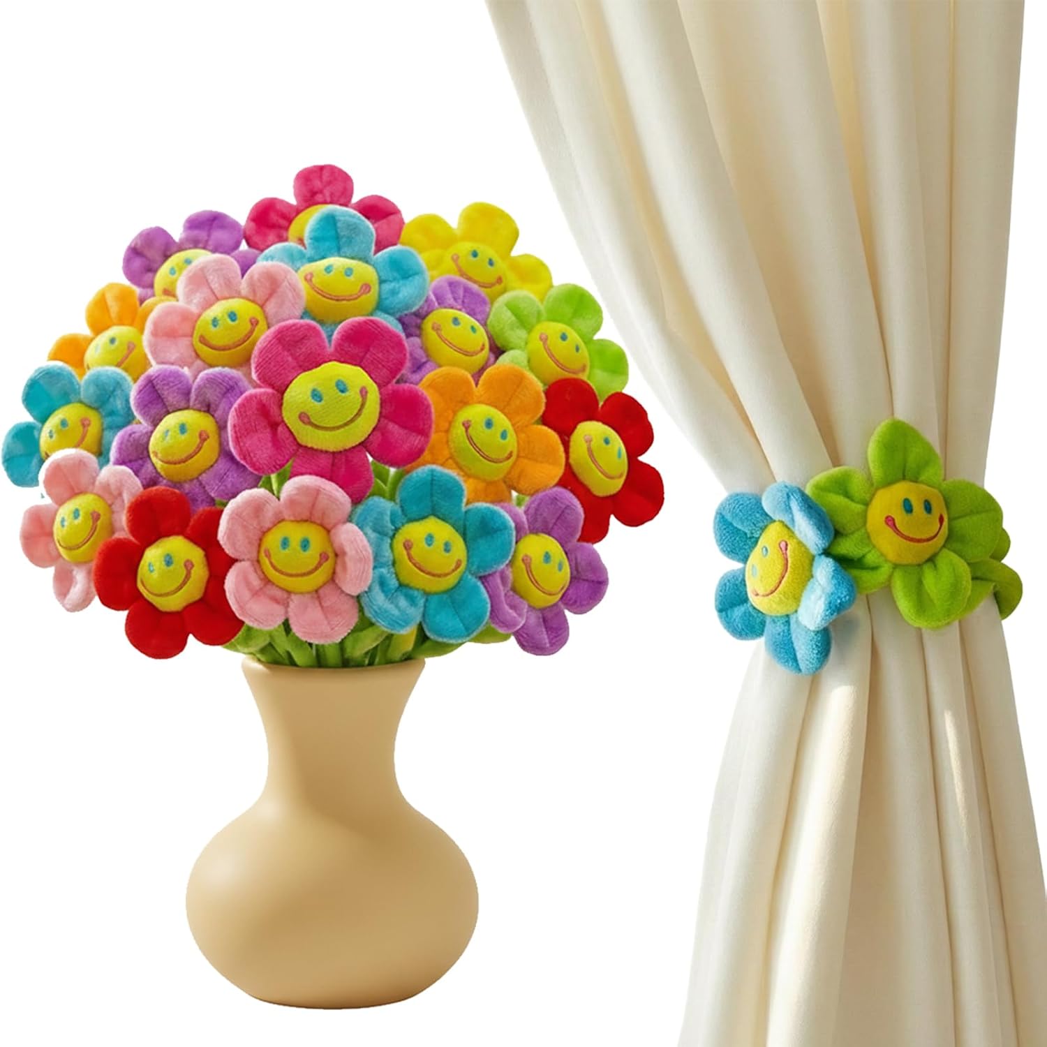 32 Pcs Plush Flower Curtain Tiebacks, Bendable Stem Outdoor Tiebacks, Sunflower Flower Tiebacks for Bedroom Curtains, Outdoor Curtain Tiebacks, Suitable for Bedroom Curtain Decoration