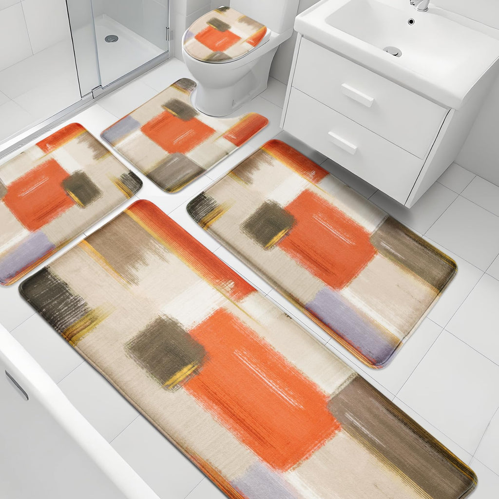 XLHOMO Orange Memory Foam Bathroom Rug Sets 5 Piece, Absorbent Non-Slip Bath Mat with Toilet Lid Cover for Bathroom, Extra Thick Water Absorbent Orange Bath Rugs for Tub, Toilet and Floor