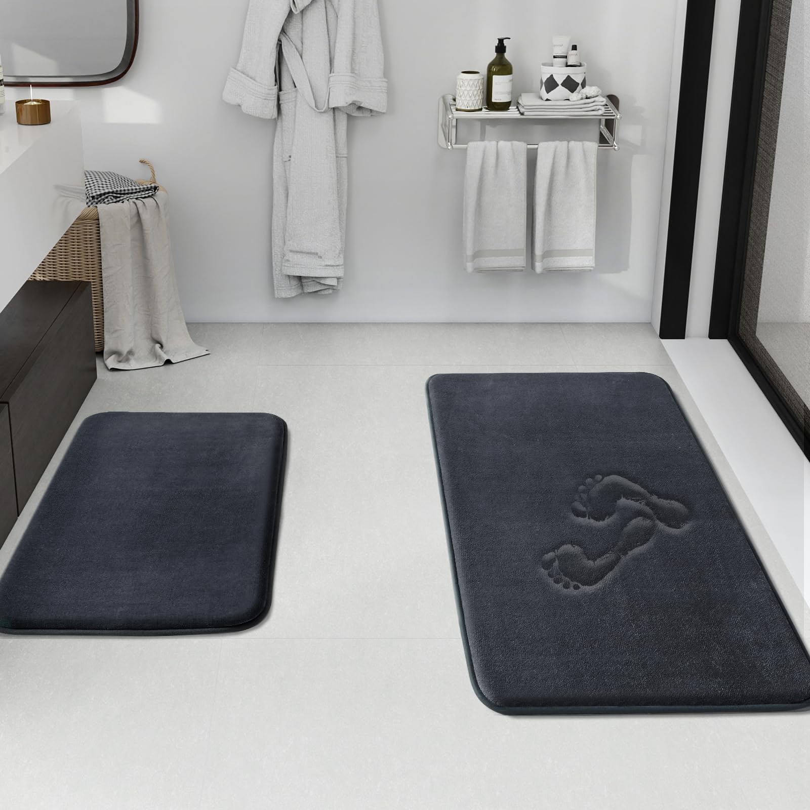 HUXMEYSON Bathroom Rugs Sets 3 Piece, Non-Slip & Quick Dry Bath Mat Set, Ultra Soft Velvet Bath Rugs for Bathroom, Toilet and Shower Floor, Grey Green