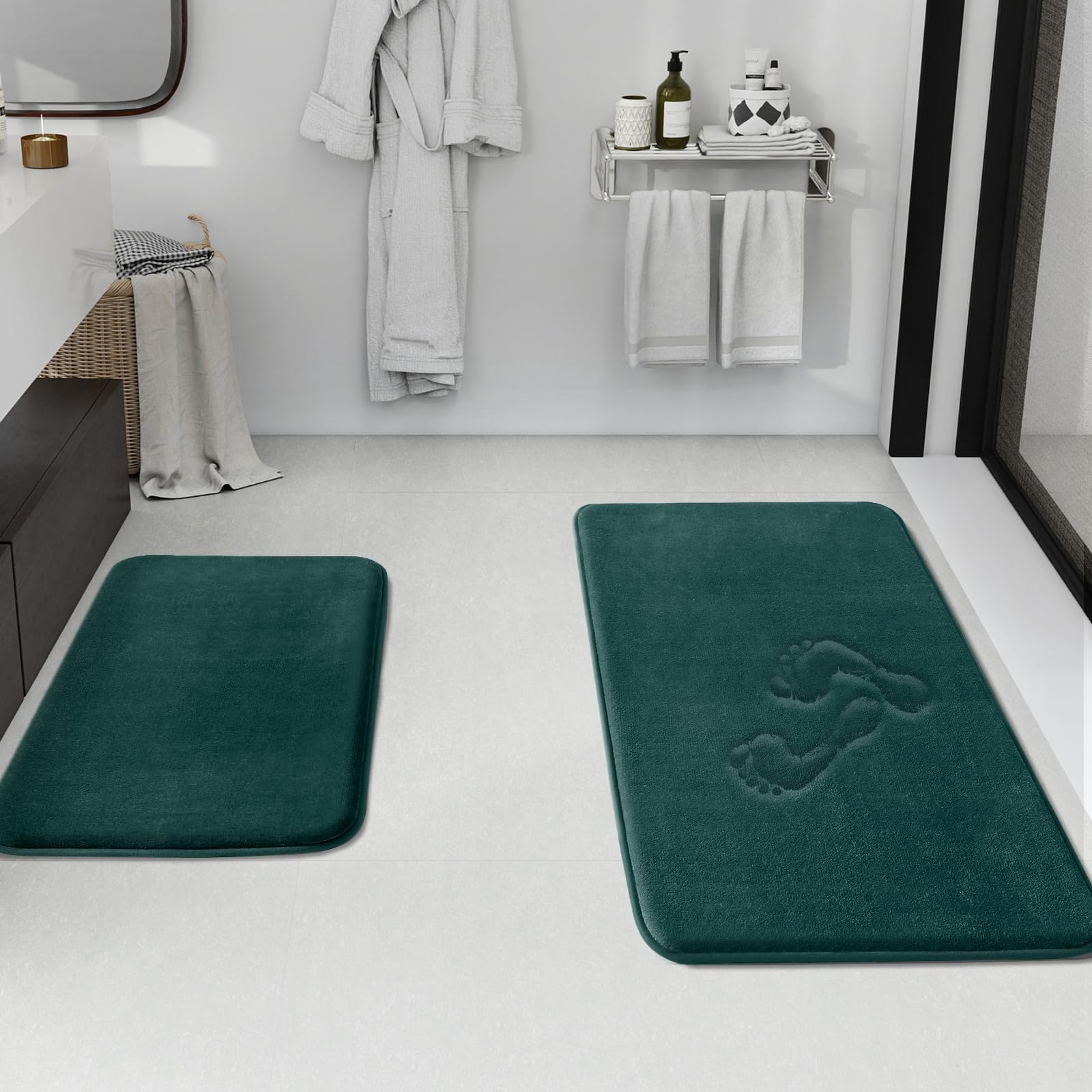 HUXMEYSON Bathroom Rugs Sets 3 Piece, Non-Slip & Quick Dry Bath Mat Set, Ultra Soft Velvet Bath Rugs for Bathroom, Toilet and Shower Floor, Grey Green