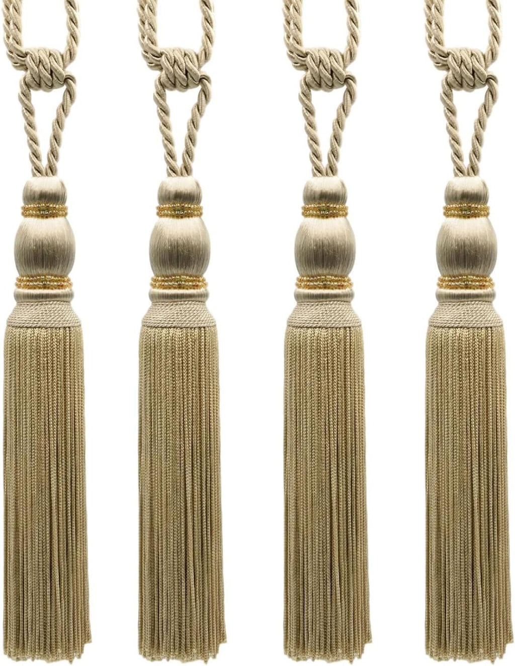 DÉCOPRO Contemporary Small Beaded Tassel Tieback with elaborately Handcrafted Seed Bead Design Tassel Length 7 1/2" (19cm) 27" Spread (68.5cm) # TBC075 Tan Beige #814 (Light Tan Beige) Pack of 4
