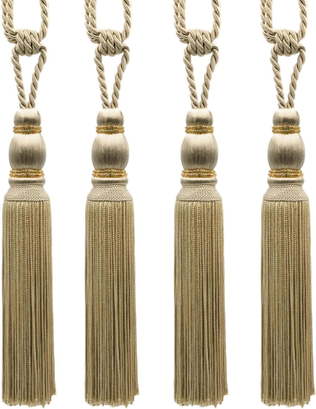 DÉCOPRO Contemporary Small Beaded Tassel Tieback with elaborately Handcrafted Seed Bead Design Tassel Length 7 1/2" (19cm) 27" Spread (68.5cm) # TBC075 Tan Beige #814 (Light Tan Beige) Pack of 4
