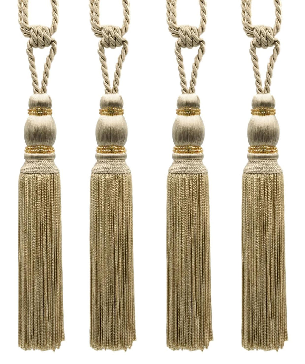 DÉCOPRO Contemporary Small Beaded Tassel Tieback with elaborately Handcrafted Seed Bead Design Tassel Length 7 1/2" (19cm) 27" Spread (68.5cm) # TBC075 Tan Beige #814 (Light Tan Beige) Pack of 4