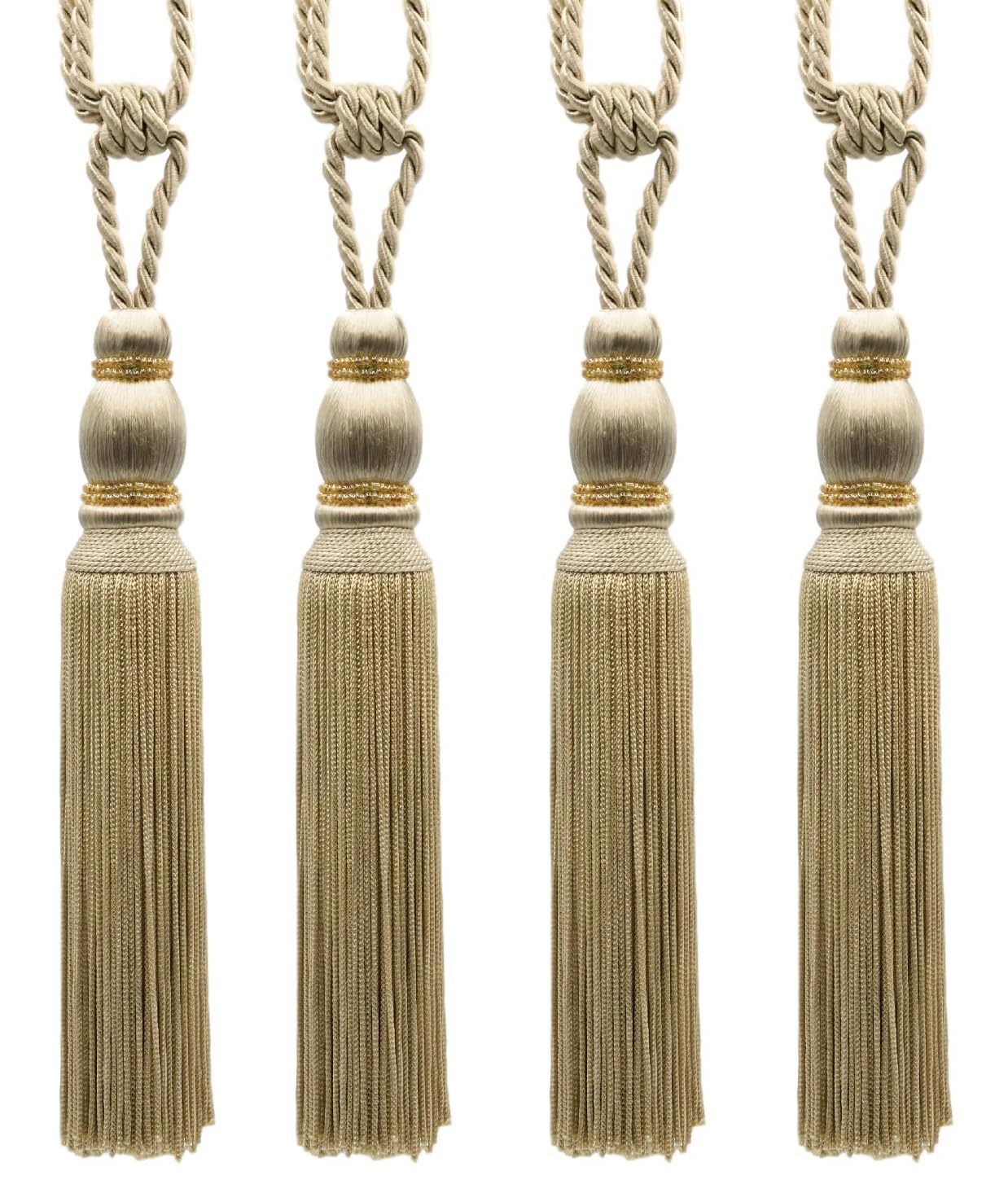 DÉCOPRO Contemporary Small Beaded Tassel Tieback with elaborately Handcrafted Seed Bead Design Tassel Length 7 1/2" (19cm) 27" Spread (68.5cm) # TBC075 Tan Beige #814 (Light Tan Beige) Pack of 4