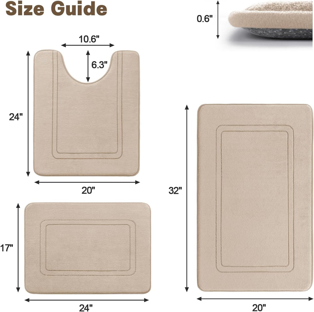 YIHOUSE Memory Foam Bath Mat Set, Bathroom Rugs Sets 3 Pieces, Non Slip Bath Mats for Bathroom, Super Soft and Water Absorbent Bath Rug Set, Machine Washable U Shape Toilet Rug,Beige