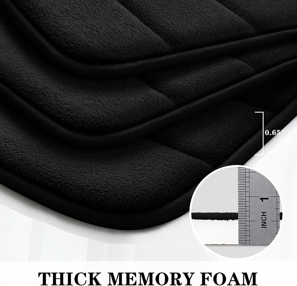 Black Memory Foam Bath Rug 3 Piece Set, Soft Absorbent Non-Slip & Washable