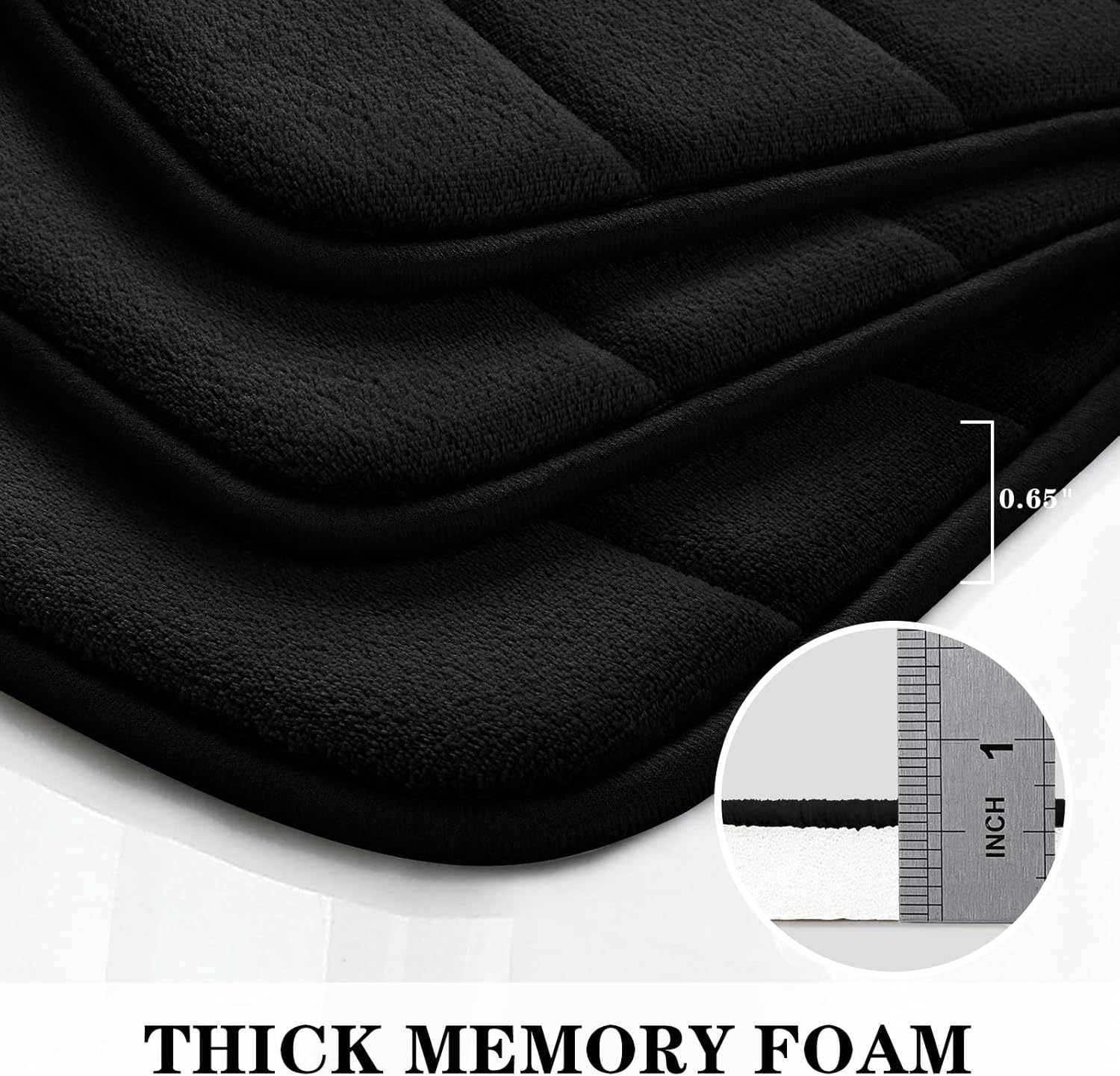 Black Memory Foam Bath Rug 3 Piece Set, Soft Absorbent Non-Slip & Washable