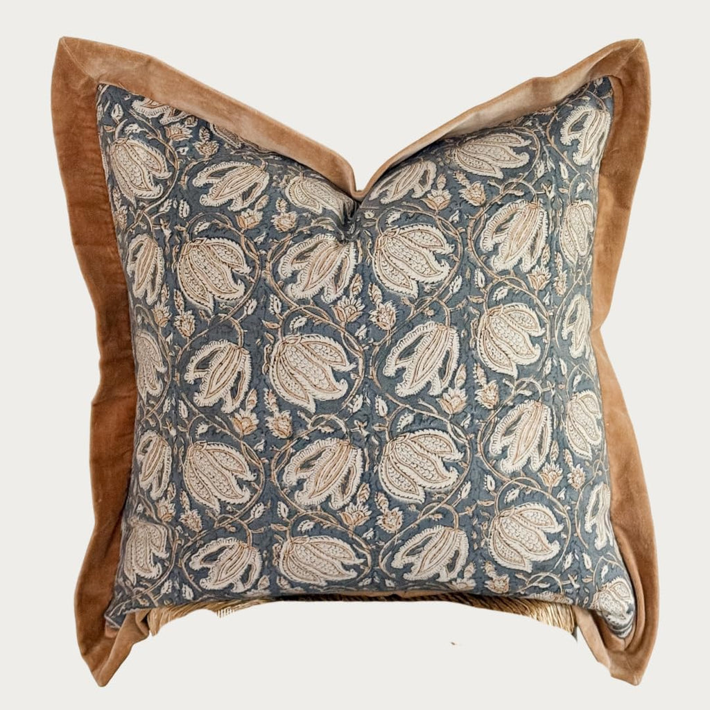 Palm & Loom 100% Cotton Linen Cushion Cover - Aira Decorative Throw Pillow Case with Camel & Blue print with flange - Modern Traditional Living Room, Bedroom Pillow Cover (Tana, 20" x 20" (Pack of 1))