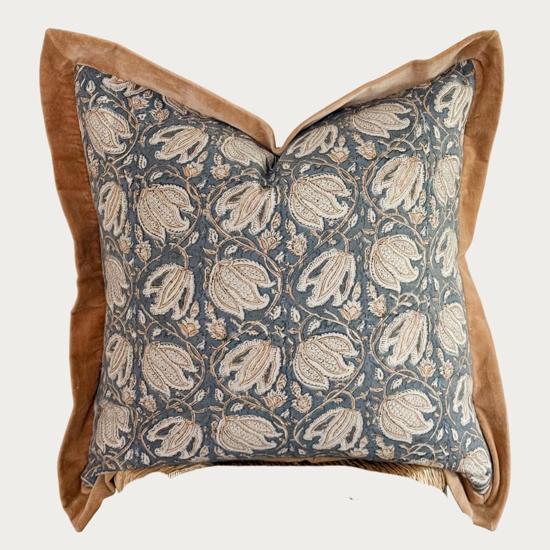 Palm & Loom 100% Cotton Linen Cushion Cover - Aira Decorative Throw Pillow Case with Camel & Blue print with flange - Modern Traditional Living Room, Bedroom Pillow Cover (Tana, 20" x 20" (Pack of 1))
