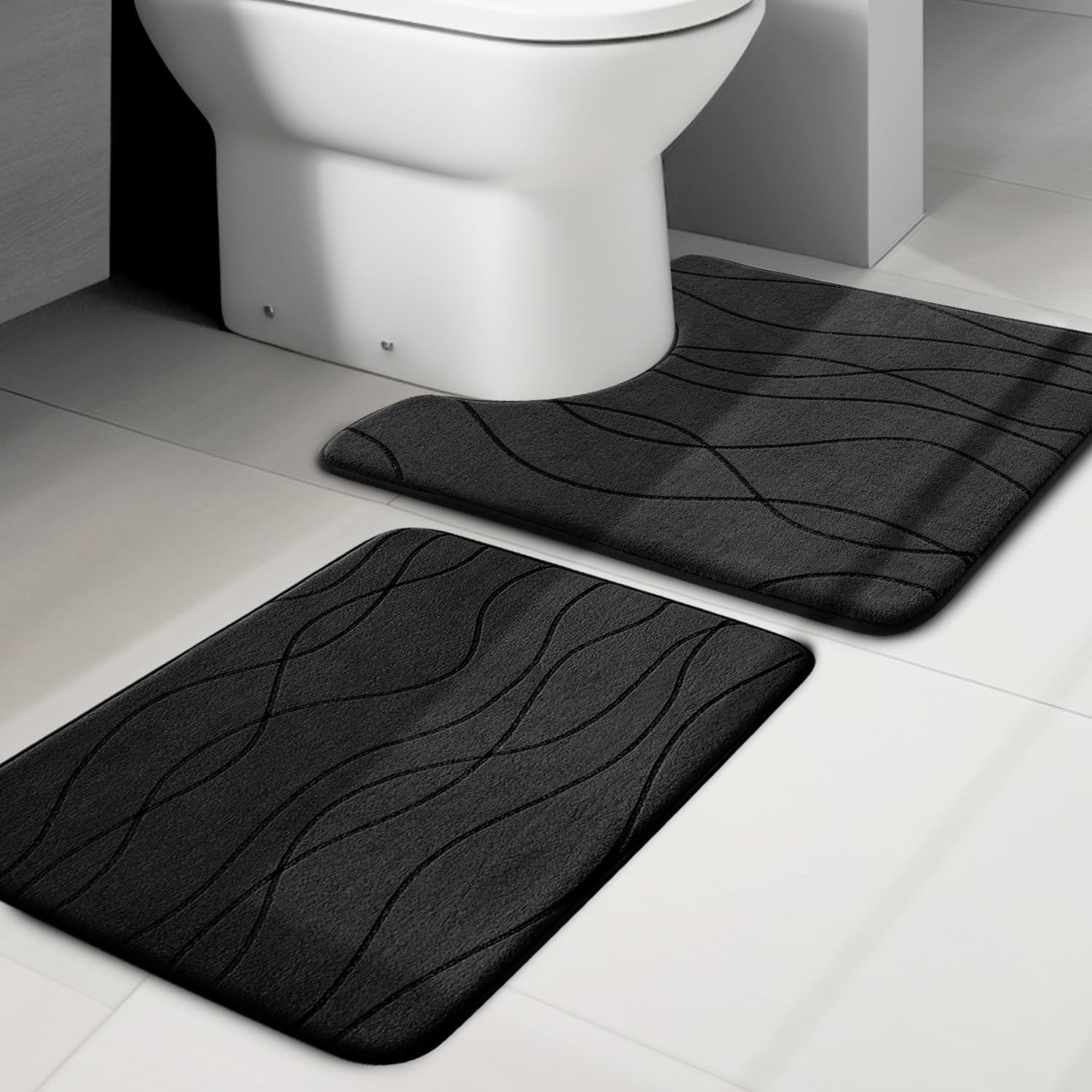 YIHOUSE Memory Foam Grey Bathroom Rug Sets 5 Piece, Ultra Absorbent Bath Mat for Bathroom - Non-Slip Machine Washable & Dry Quickly, 5 Piece Bathroom Mat Set, Dark Grey