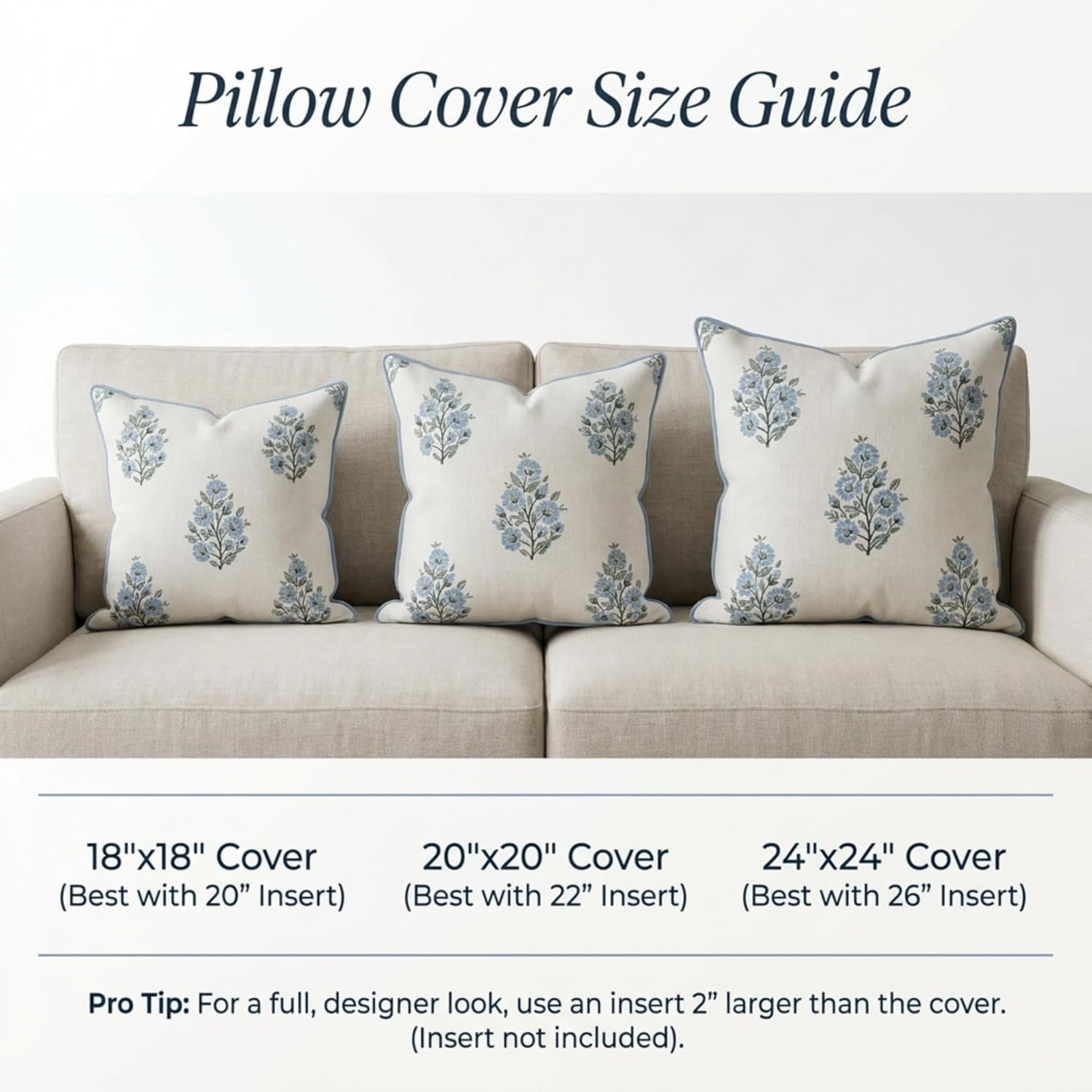 Jillien Harbor “The Camille” Floral Block Print Pillow Cover – Soft Blue and White Decorative Throw Pillow Cover – Grandmillennial Home Decor, 20" x 20"