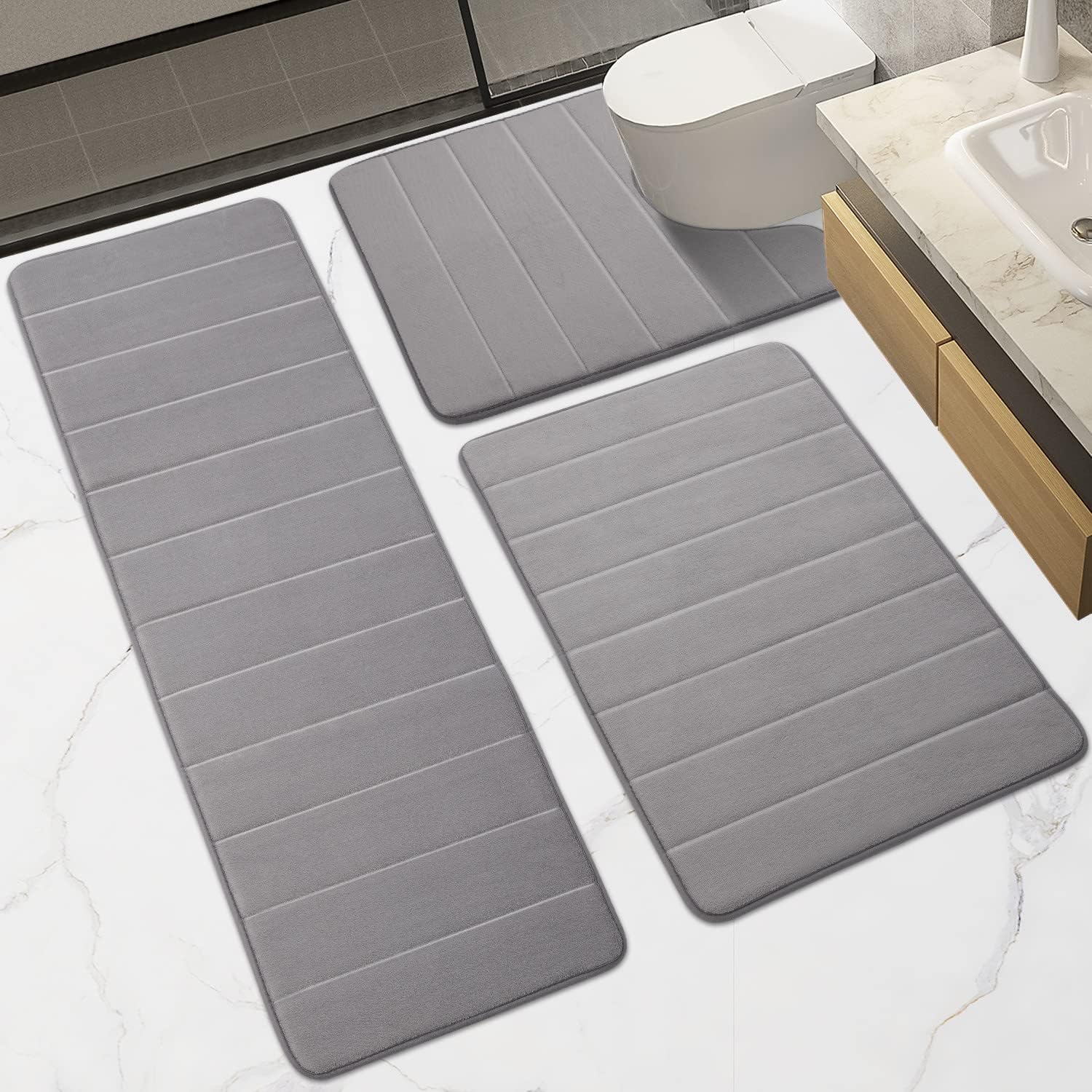Memory Foam Bathroom Rugs Sets 3 Piece, Extra Thick Soft Absorbent Non Slip Upgraded, Washable Toilet Bath Mat Shower Carpet for Bedroom, Living Room (Grey, U Shape 24” X 24”+24” X 32”+17” X 48”)