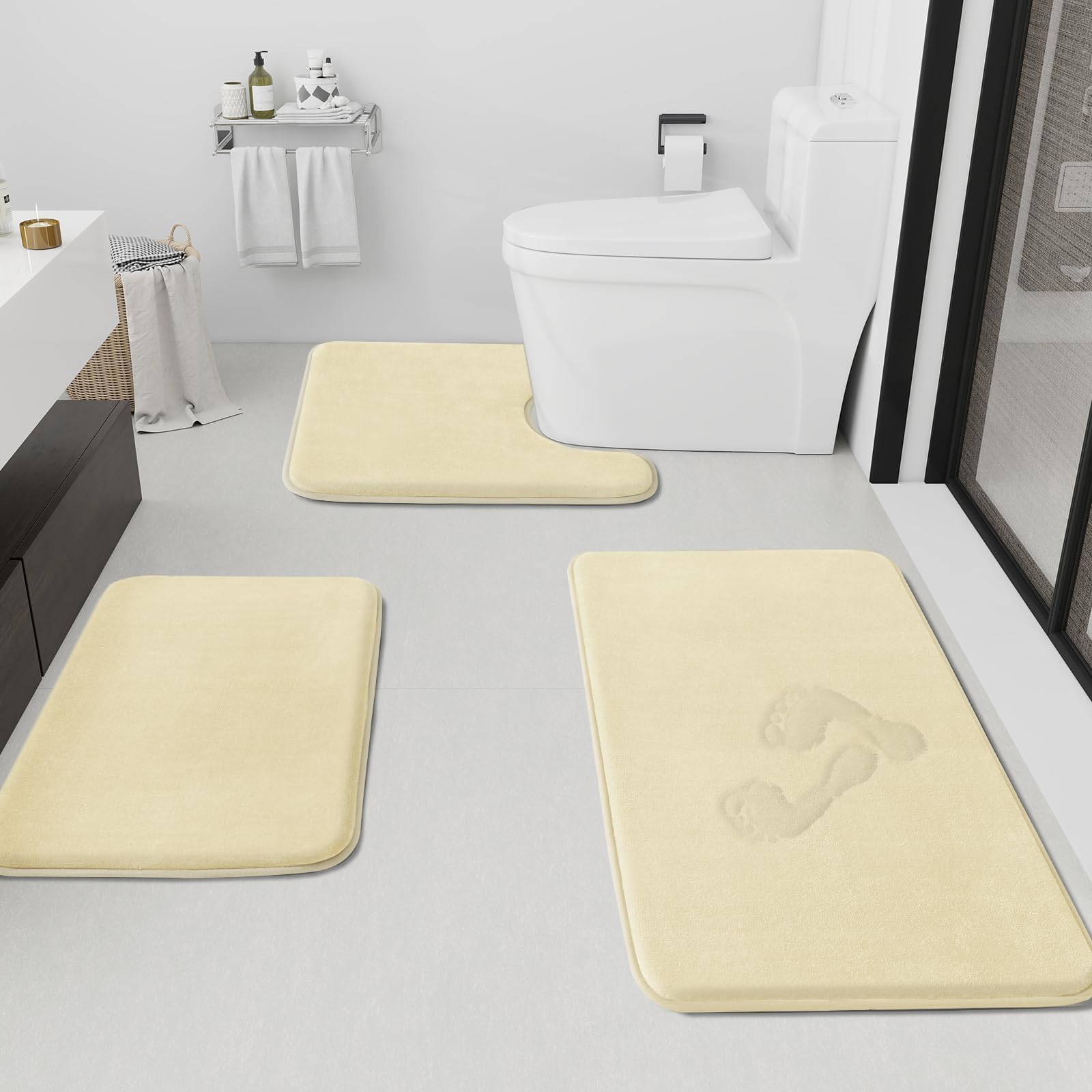 HUXMEYSON Bathroom Rugs Sets 3 Piece, Non-Slip & Quick Dry Bath Mat Set, Ultra Soft Velvet Bath Rugs for Bathroom, Toilet and Shower Floor, Grey Green