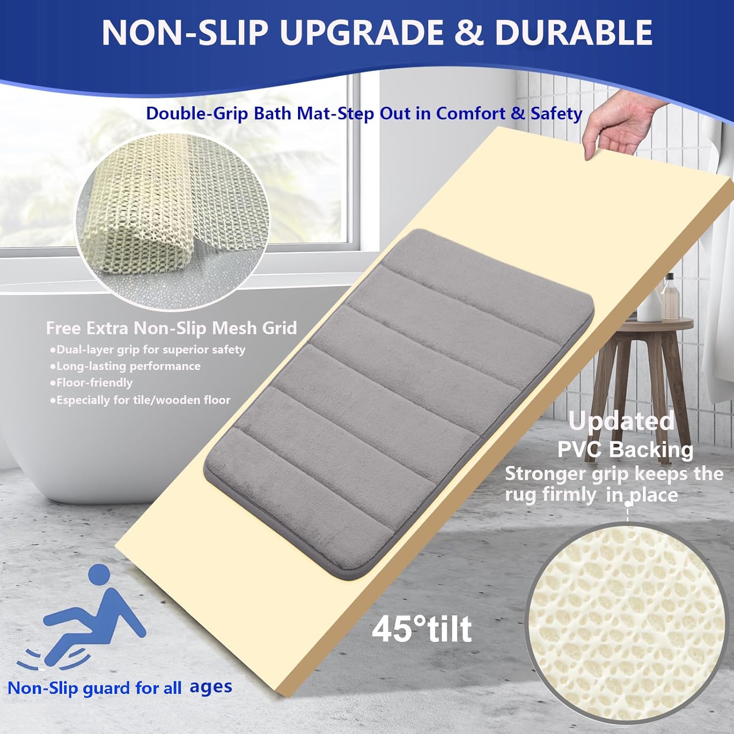 Memory Foam Bathroom Rugs Sets 3 Piece, Extra Thick Soft Absorbent Non Slip Upgraded, Washable Toilet Bath Mat Shower Carpet for Bedroom, Living Room (Grey, U Shape 24” X 24”+24” X 32”+17” X 48”)