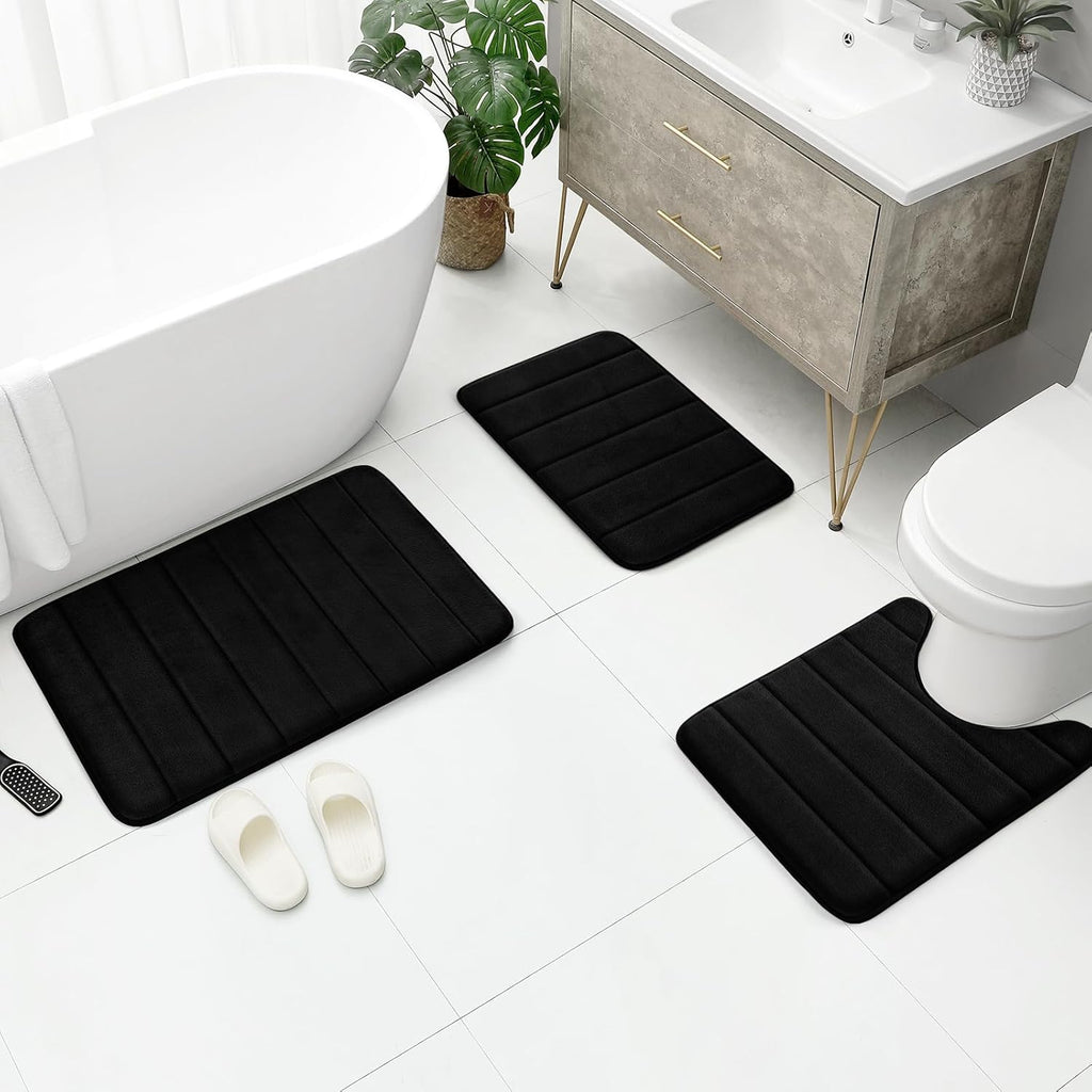 Black Memory Foam Bath Rug 3 Piece Set, Soft Absorbent Non-Slip & Washable
