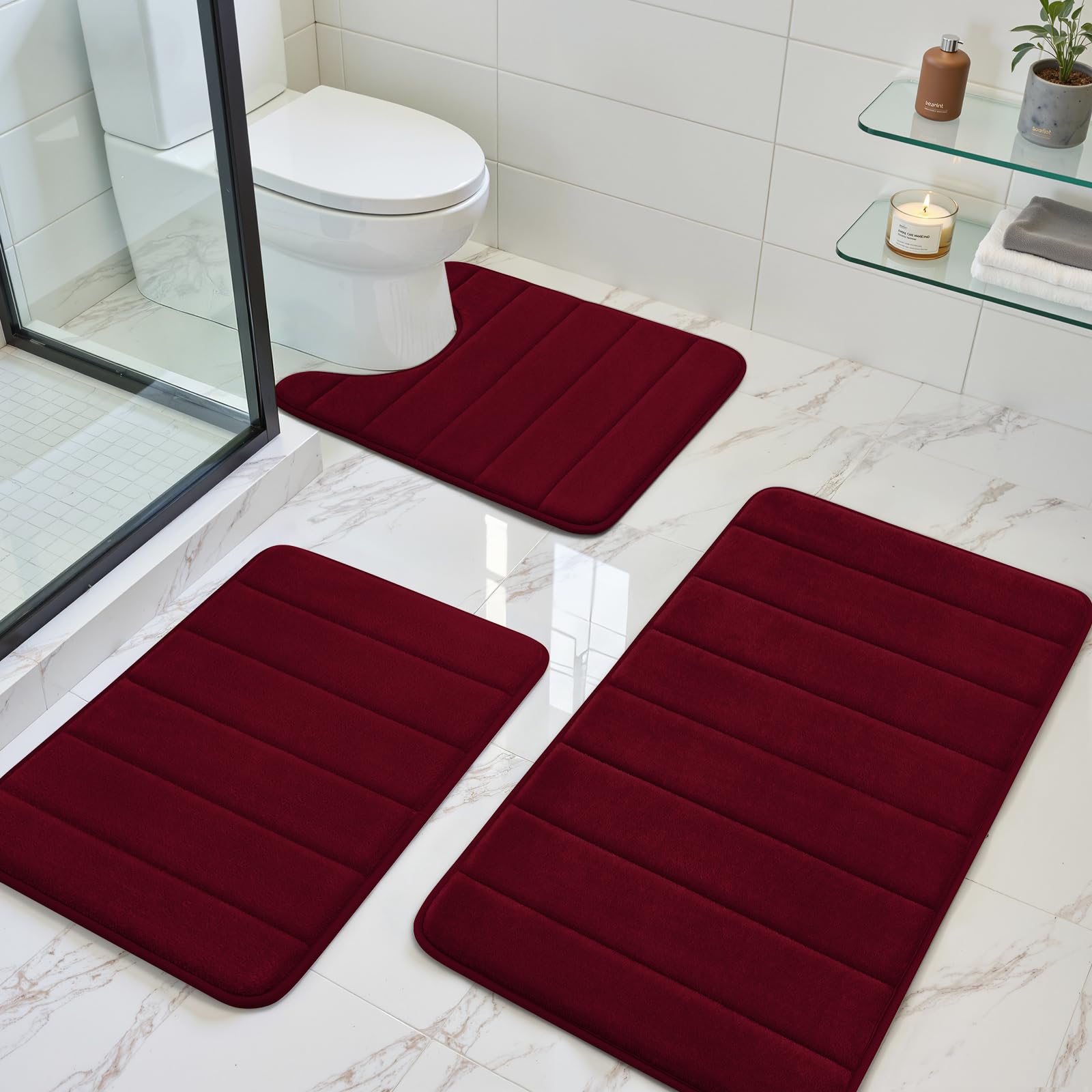 Black Memory Foam Bath Rug 3 Piece Set, Soft Absorbent Non-Slip & Washable