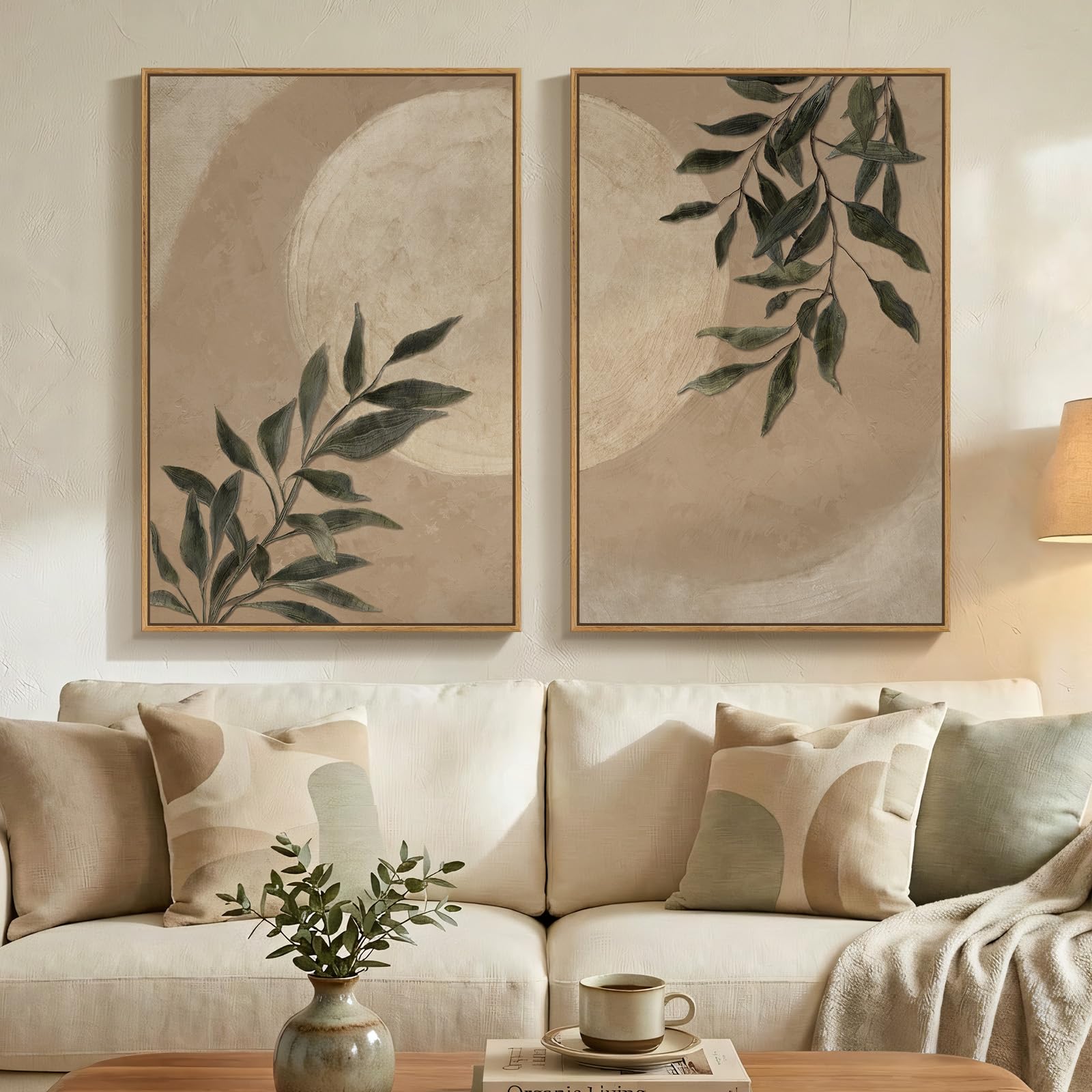 Large Framed Vintage Botanical Wall Art Set of 2, Neutral Antique Floral Canvas Painting Prints Artwork for Walls, Retro Rustic Farmhouse Flowers Pictures for Living Room Bedroom Wall Decor, 24x36 In