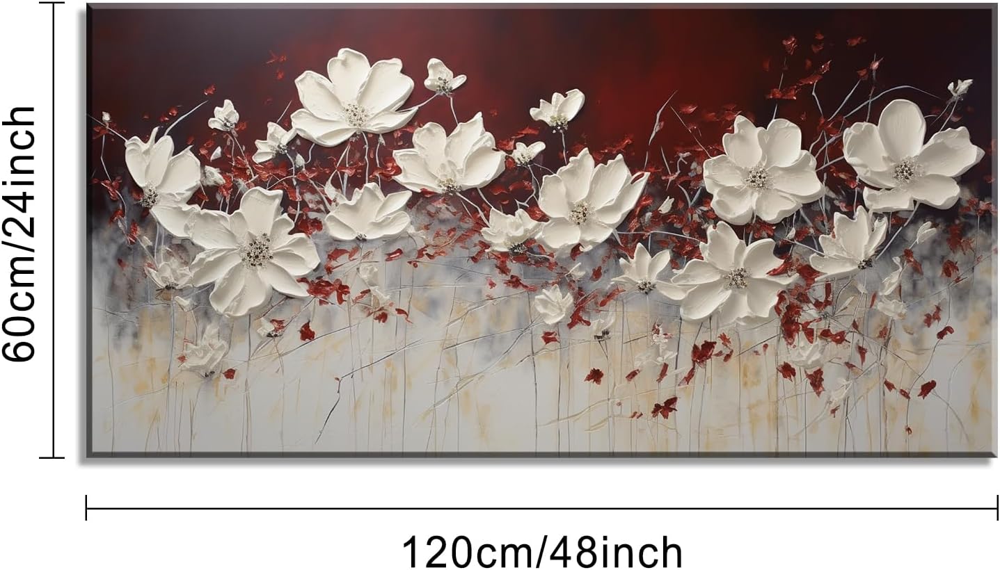 Lasdel Stretched Canvas Wall Art of White Flowers Plant Picture for Living Room Bedroom Home Decoration, Beautiful White and Red Premium Nature Print Artwork Painting Decor, Inner Frame 23x46 Inches