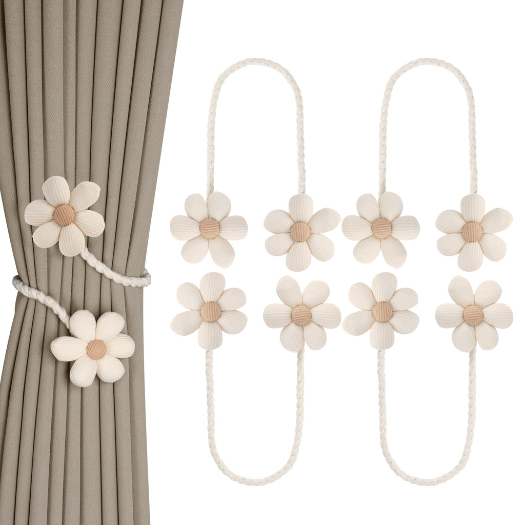 Meplait 6 Pack Flower Curtain Tiebacks Curtain Holdbacks, No Drill Boho Curtain Ties Handmade Cotton Linen Decorative Curtain Holders for Drapes (Beige & Khaki)