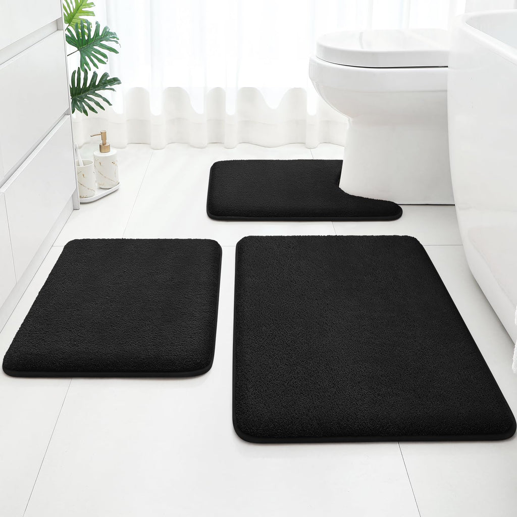HOMEIDEAS Upgraded Bathroom Rugs Set 3 Piece, Extra Thick Absorbent Soft Memory Foam, Washable Toilet Bath Mat (Grey,17"x24"+20"x32"+U Shape 20"x24")