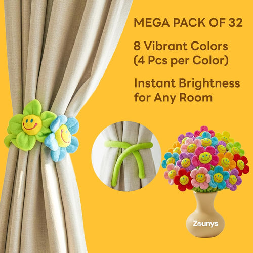 32 Pcs Plush Flower Curtain Tiebacks, Bendable Stem Outdoor Tiebacks, Sunflower Flower Tiebacks for Bedroom Curtains, Outdoor Curtain Tiebacks, Suitable for Bedroom Curtain Decoration