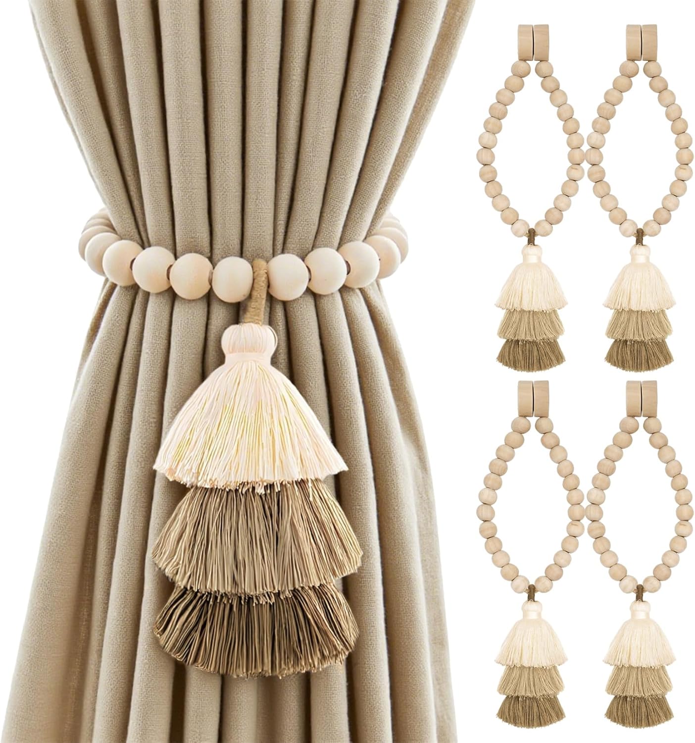 No Drill Curtain Tiebacks with Strong Magnetic Closure, Natural Wood Beads Boho Holdbacks with Triple Tassels for Living Room, Bedroom, Office Drapes,Set of 4,Beige Taupe Brown