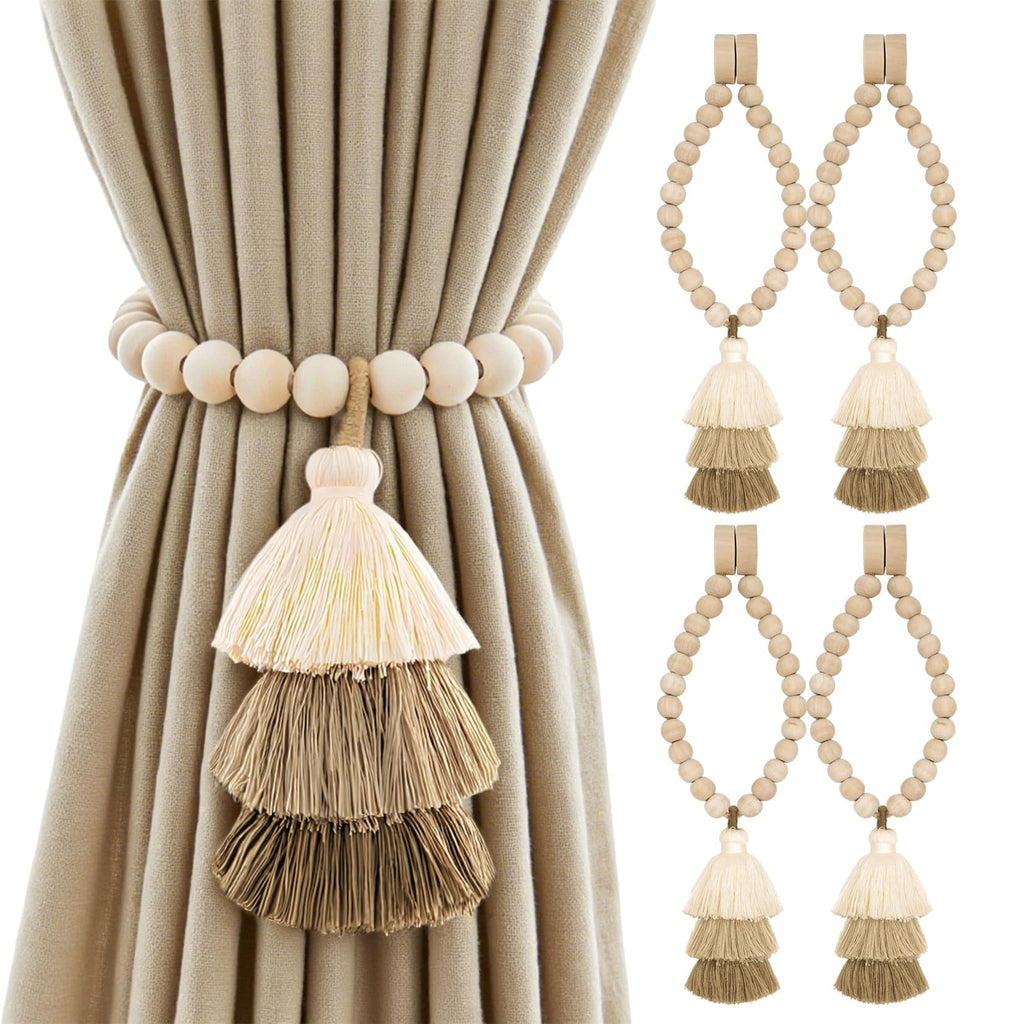 No Drill Curtain Tiebacks with Strong Magnetic Closure, Natural Wood Beads Boho Holdbacks with Triple Tassels for Living Room, Bedroom, Office Drapes,Set of 4,Beige Taupe Brown