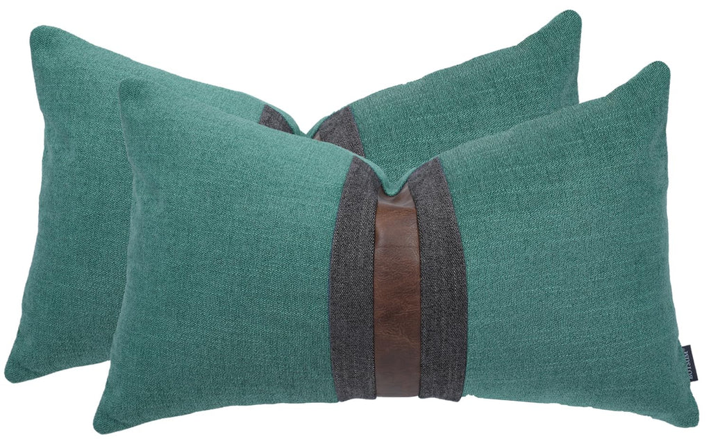 Set of 2 Leather Throw Pillow Covers Cotton Linen Decor Patchwork Pillow Cover Faux Leather Pillows Cover for Couch Sofa Living Room Bedroom,Beige 24"x24"