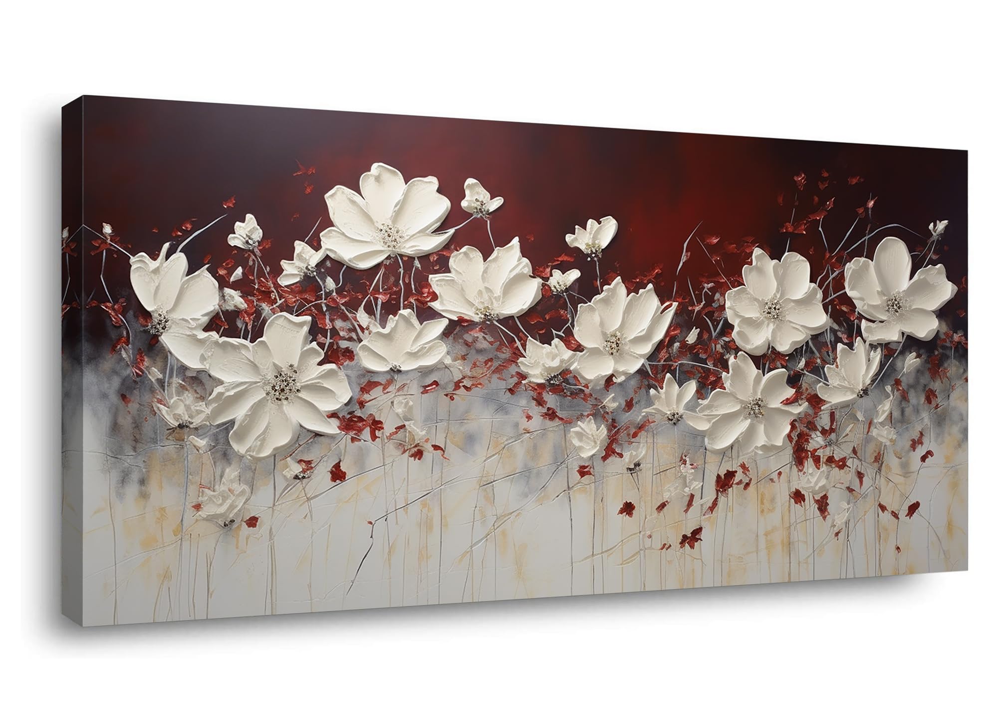 Lasdel Stretched Canvas Wall Art of White Flowers Plant Picture for Living Room Bedroom Home Decoration, Beautiful White and Red Premium Nature Print Artwork Painting Decor, Inner Frame 23x46 Inches