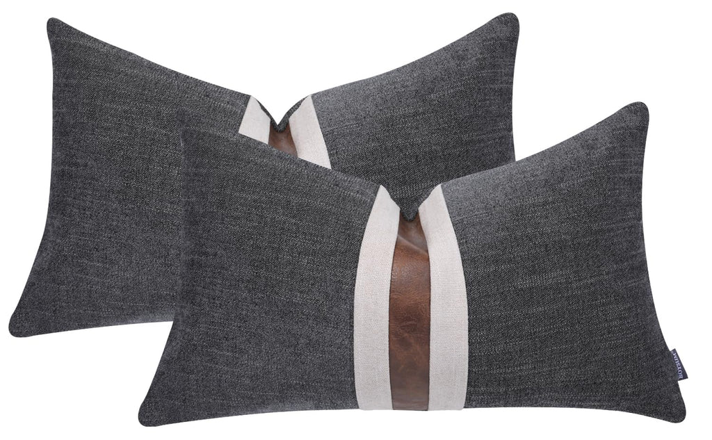 Set of 2 Leather Throw Pillow Covers Cotton Linen Decor Patchwork Pillow Cover Faux Leather Pillows Cover for Couch Sofa Living Room Bedroom,Beige 24"x24"