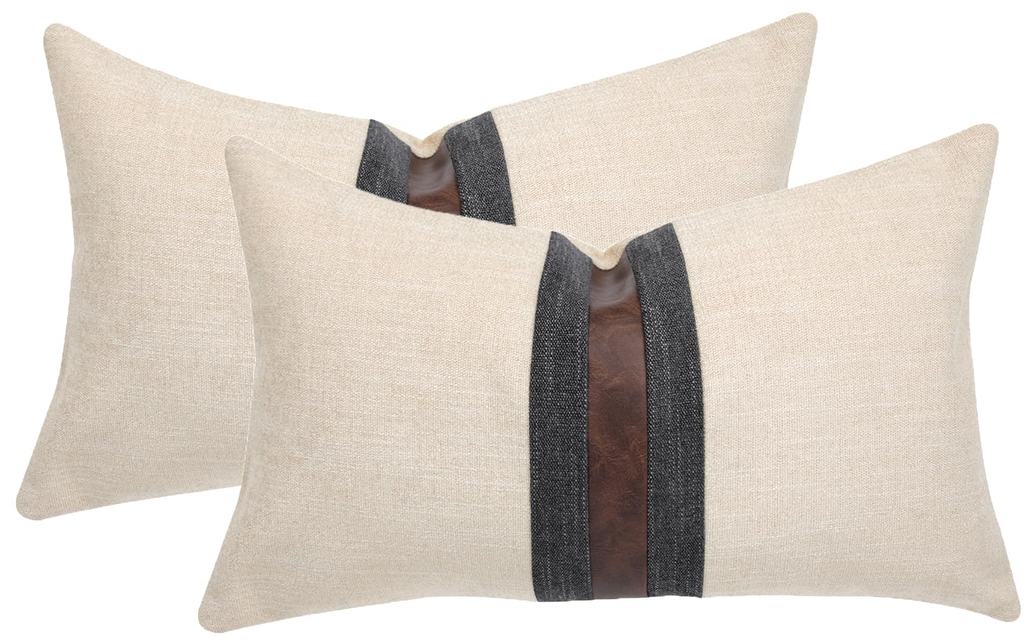 Set of 2 Leather Throw Pillow Covers Cotton Linen Decor Patchwork Pillow Cover Faux Leather Pillows Cover for Couch Sofa Living Room Bedroom,Beige 24"x24"