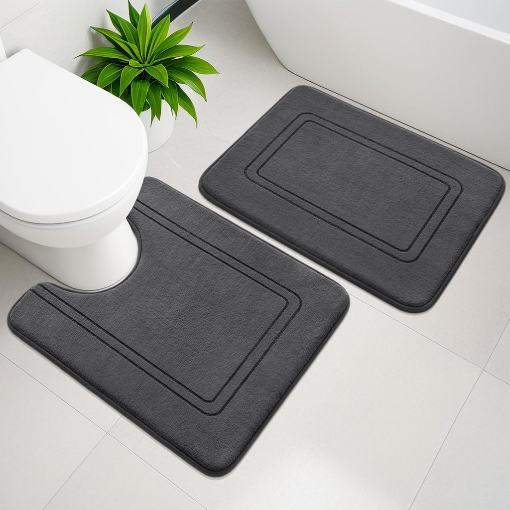 YIHOUSE Memory Foam Bath Mat Set, Bathroom Rugs Sets 3 Pieces, Non Slip Bath Mats for Bathroom, Super Soft and Water Absorbent Bath Rug Set, Machine Washable U Shape Toilet Rug,Beige
