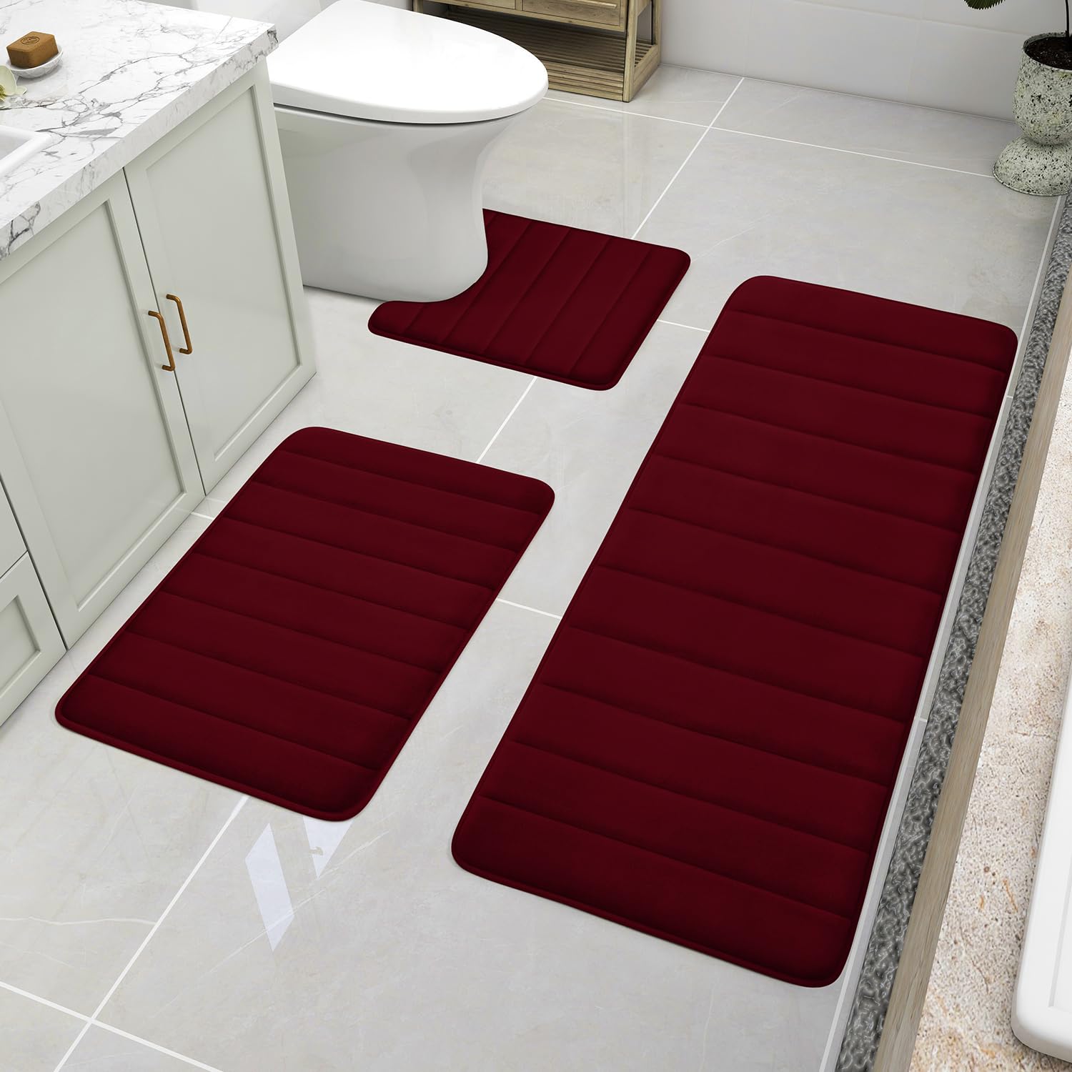 Black Memory Foam Bath Rug 3 Piece Set, Soft Absorbent Non-Slip & Washable