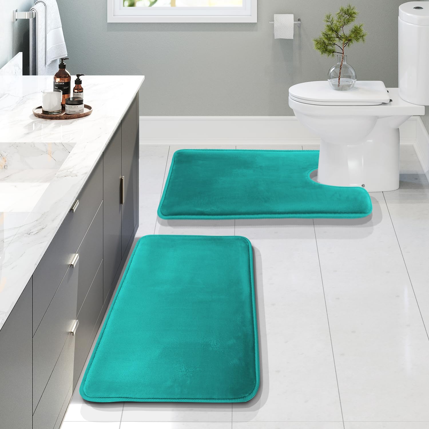 Clara Clark 3 Piece Bathroom Rugs Bath Mat Set, Velvet Memory Foam Bath Mats for Bathroom - Non-Slip, PVC Backing Bath Rugs, Washable - Dries Quickly, Grey