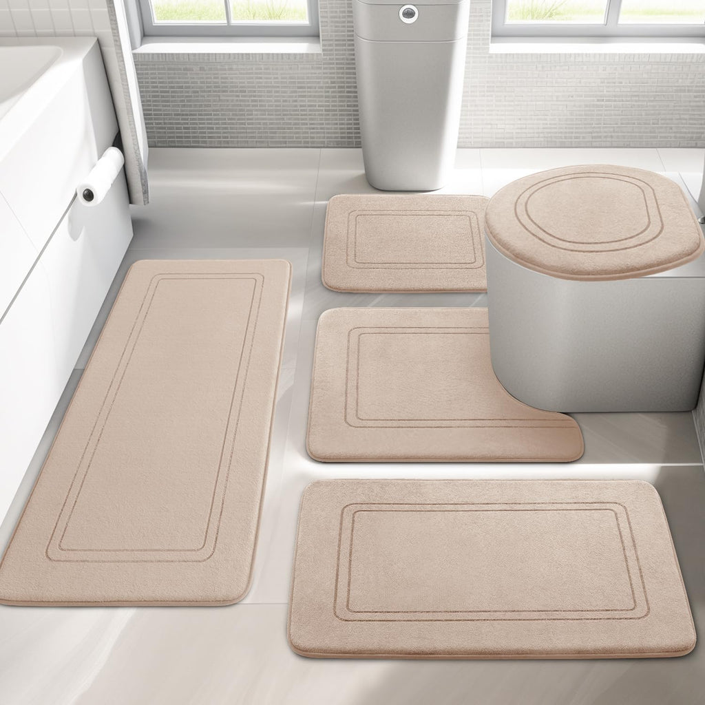 YIHOUSE Memory Foam Bath Mat Set, Bathroom Rugs Sets 3 Pieces, Non Slip Bath Mats for Bathroom, Super Soft and Water Absorbent Bath Rug Set, Machine Washable U Shape Toilet Rug,Beige